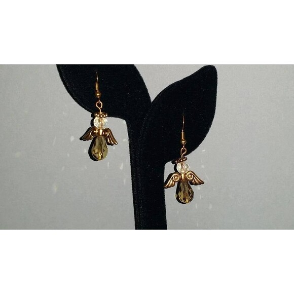 Crystal Gold Dangle Angel Earrings- Christmas, Religious Jewelry - Picture 1 of 5